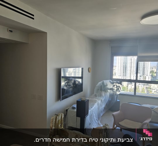 סולם וחדר עם רהיטים מכוסים בניילון, מראה של עבודת צביעה